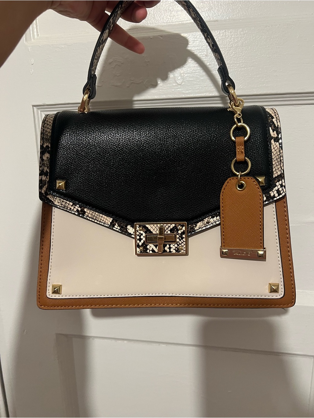 Aldo Top-Handle Satchel in Black, Cream & Tan with Snake-Print Trim